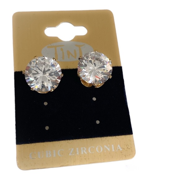 Gold Large Cubic Zirconia Stud Earrings - Picture 3 of 3